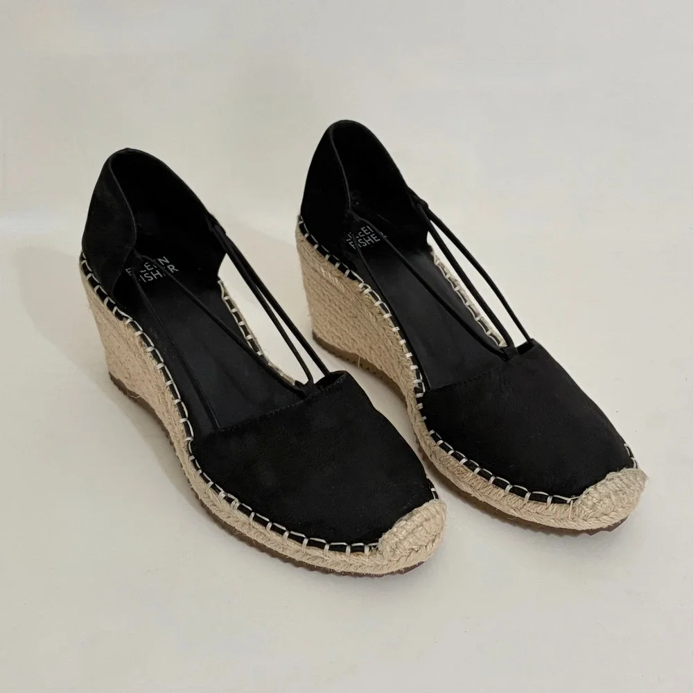 EILEEN FISHER Black Tumbled Nubuck Espadrilles Shoes Wedge Heels Size 6.5